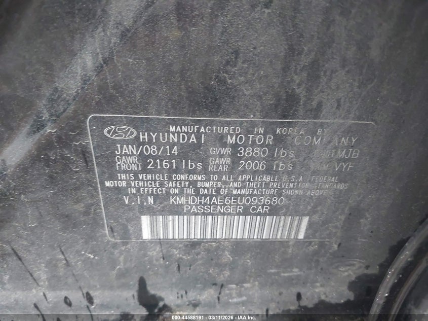 2014 Hyundai Elantra VIN KMHDH4AE6EU093680 IAAI salvage auction — RIGHT SIDE, Salvage Title, sold $1,350 on 2026-07-09 (photo 9)