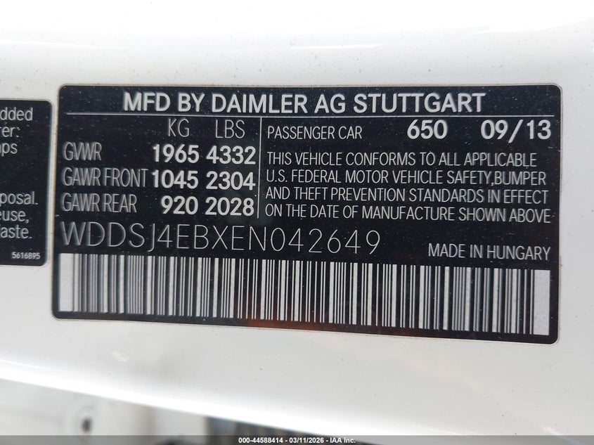 2014 Mercedes-benz Cla-klasse VIN WDDSJ4EBXEN042649 IAAI salvage auction — FRONT & REAR, Non-Repairable (California), sold $3,200 on 2026-07-21 (photo 9)