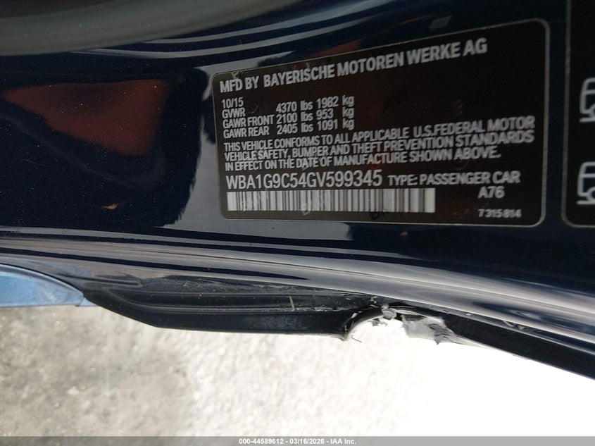 2016 BMW 2er VIN WBA1G9C54GV599345 IAAI salvage auction — LEFT SIDE, Salvage (Missouri), sold $2,900 on 2026-07-14 (photo 9)