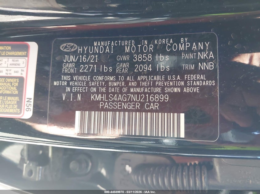 2022 Hyundai Elantra VIN KMHLS4AG7NU216899 IAAI salvage auction — LEFT FRONT, Salvage (Arizona), sold $1,750 on 2026-07-28 (photo 9)
