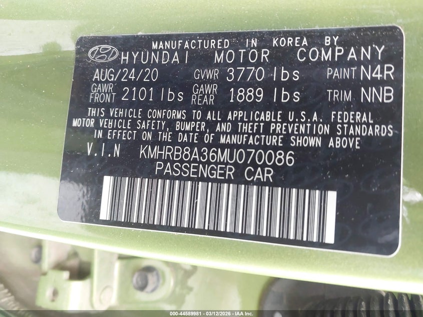 2021 Hyundai Venue VIN KMHRB8A36MU070086 IAAI salvage auction — FRONT END, Salvage Title, sold $2,250 on 2026-07-21 (photo 9)