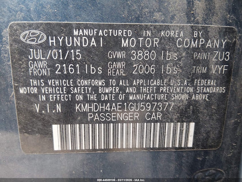 2016 Hyundai Elantra VIN KMHDH4AE1GU597377 IAAI salvage auction — REAR END, Salvage Title, sold $25 on 2026-07-23 (photo 9)