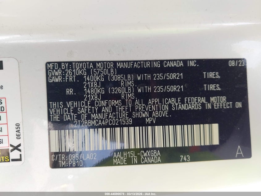 2023 Lexus Rx VIN 2T2BBMCA4PC021539 IAAI salvage auction — LEFT SIDE, Salvage Title, sold $23,150 on 2026-07-29 (photo 9)