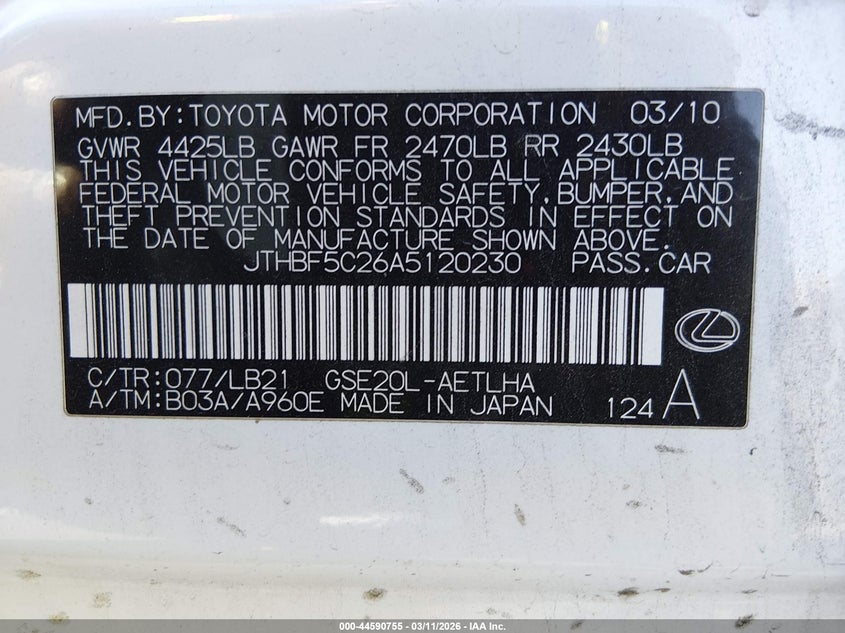 2010 Lexus Is VIN JTHBF5C26A5120230 IAAI salvage auction — RIGHT FRONT, Salvage (Nevada), sold $675 on 2026-07-24 (photo 9)