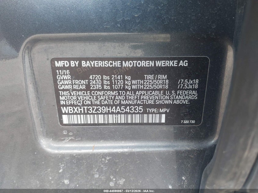 2017 BMW X1 VIN WBXHT3Z39H4A54335 IAAI salvage auction — RIGHT FRONT, Salvage Title, sold $3,825 on 2026-07-07 (photo 9)