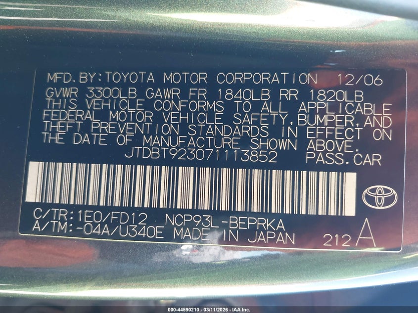 2007 Toyota Yaris VIN JTDBT923071113852 IAAI salvage auction — REAR END, Salvage (California), sold $850 on 2026-07-14 (photo 9)