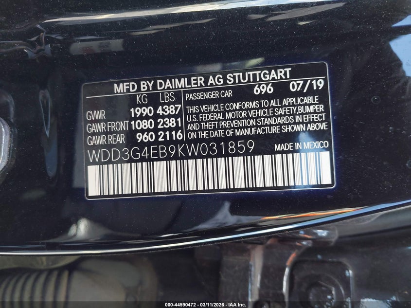 2019 Mercedes-benz A-klasse VIN WDD3G4EB9KW031859 IAAI salvage auction — REAR END, Salvage Title, sold $3,000 on 2026-07-09 (photo 9)