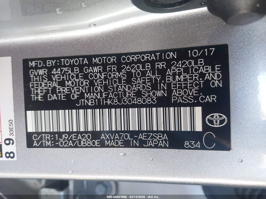 2018 Toyota Camry VIN JTNB11HK8J3048083 IAAI salvage auction — LEFT FRONT, Salvage Title, sold $2,175 on 2026-07-07 (photo 9)