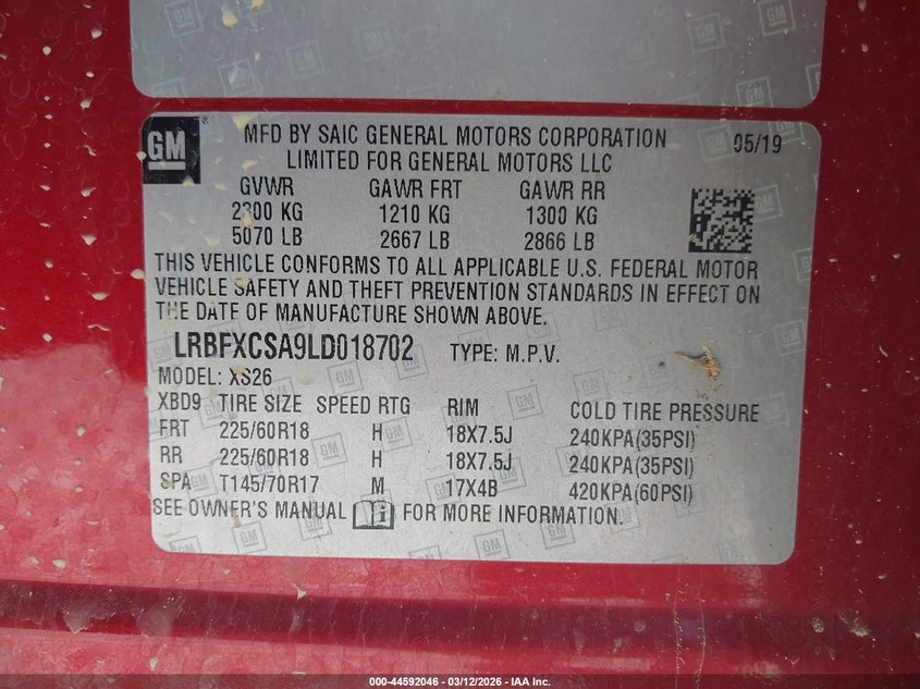 2020 Buick Envision VIN LRBFXCSA9LD018702 IAAI salvage auction — FRONT END, Original (Kentucky), sold $1,200 on 2026-07-21 (photo 9)