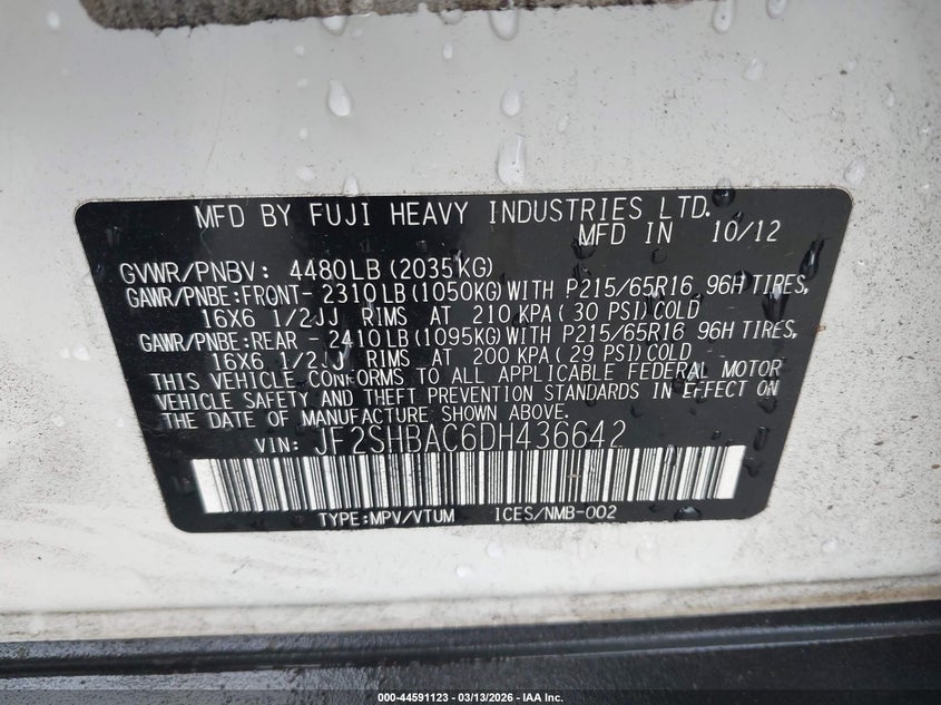 2013 Subaru Forester VIN JF2SHBAC6DH436642 IAAI salvage auction — FRONT & REAR, Salvage (Oregon), sold $700 on 2026-07-09 (photo 9)