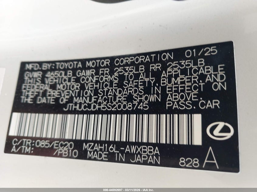 2025 Lexus Ux VIN JTHUCJDH5S2008745 IAAI salvage auction — FRONT END, Salvage Title, sold $9,200 on 2026-08-24 (photo 9)
