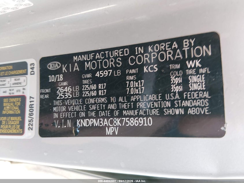 2019 Kia Sportage VIN KNDPM3AC8K7586910 IAAI salvage auction — FRONT END, Salvage Title, sold $925 on 2026-07-09 (photo 9)