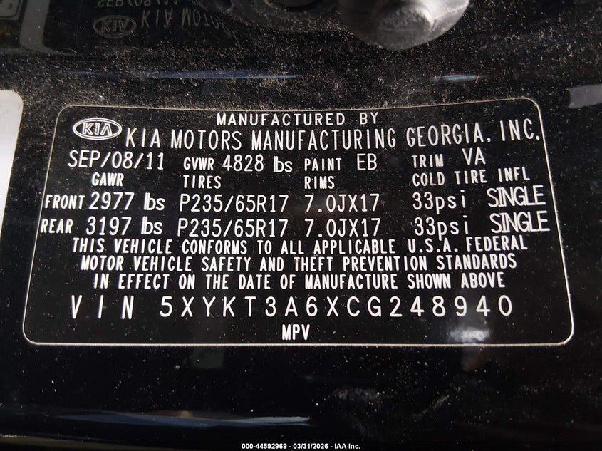 2012 Kia Sorento VIN 5XYKT3A6XCG248940 IAAI salvage auction — FRONT END, Wait Title, sold $1,200 on 2026-07-16 (photo 9)