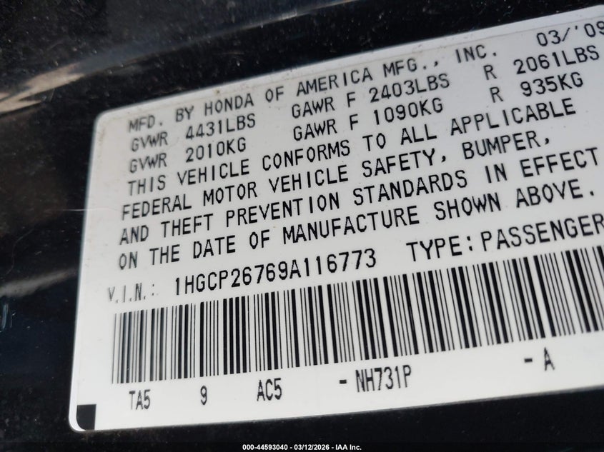 2009 Honda Accord VIN 1HGCP26769A116773 IAAI salvage auction — FRONT END, Clear (Indiana), sold $750 on 2026-07-26 (photo 9)