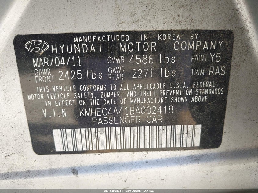 2011 Hyundai Sonata hybrid VIN KMHEC4A41BA002418 IAAI salvage auction — RIGHT FRONT, Salvage (Georgia), sold $775 on 2026-07-16 (photo 9)