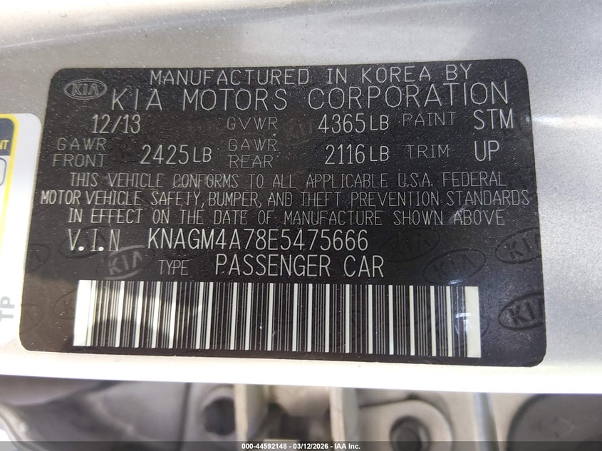 2014 Kia Optima VIN KNAGM4A78E5475666 IAAI salvage auction — FRONT END, Salvage Title, sold $25 on 2026-08-02 (photo 9)
