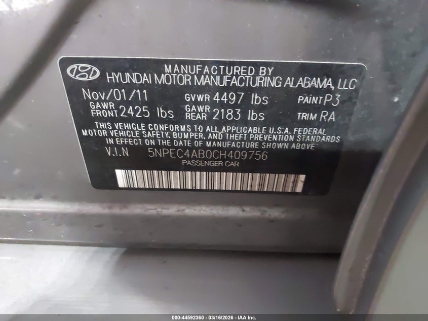 2012 Hyundai Sonata VIN 5NPEC4AB0CH409756 IAAI salvage auction — RIGHT FRONT, Salvage Title, sold $450 on 2026-07-18 (photo 9)