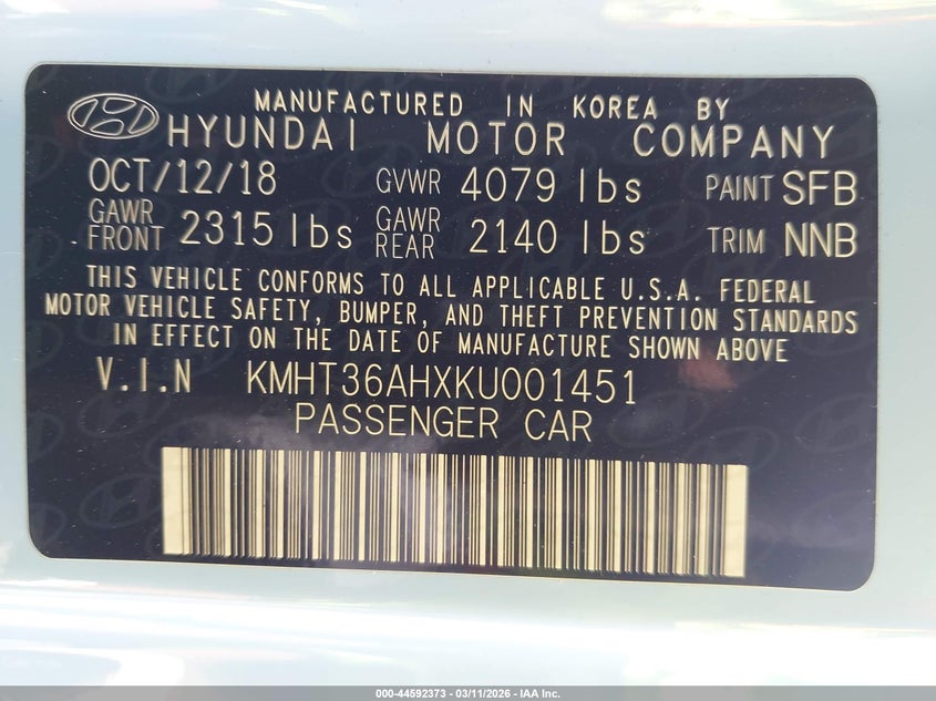 2019 Hyundai Veloster VIN KMHT36AHXKU001451 IAAI salvage auction — UNKNOWN, Salvage Title, sold $1,650 on 2026-07-11 (photo 9)