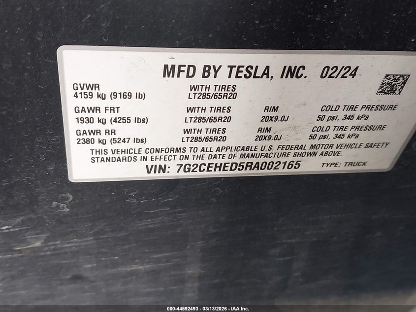 2024 Tesla Cybertruck VIN 7G2CEHED5RA002165 IAAI salvage auction — LEFT & RIGHT, Salvage Title, sold $1,050 on 2026-07-29 (photo 9)