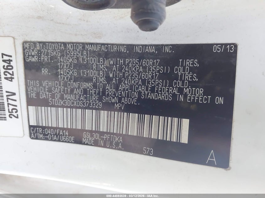 2013 Toyota Sienna VIN 5TDZK3DCXDS373329 IAAI salvage auction — FRONT END, Salvage Title, sold $1,100 on 2026-07-08 (photo 9)