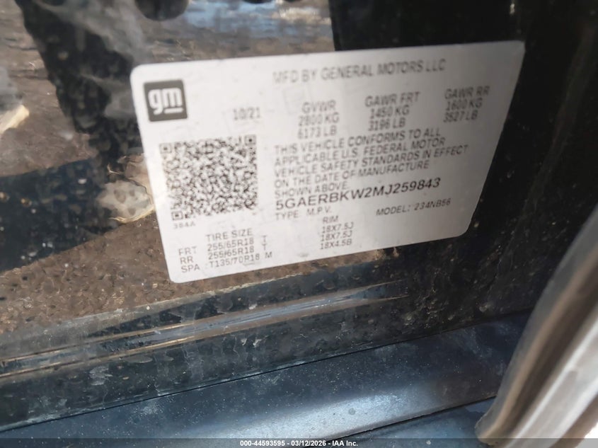 2021 Buick Enclave VIN 5GAERBKW2MJ259843 IAAI salvage auction — RIGHT REAR, Salvage Title, sold $4,825 on 2026-07-09 (photo 9)