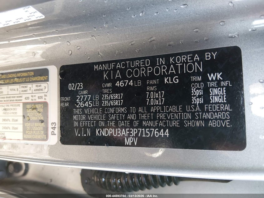 2023 Kia Sportage VIN KNDPU3AF3P7157644 IAAI salvage auction — FRONT END, Salvage Title, sold $4,550 on 2026-07-29 (photo 9)