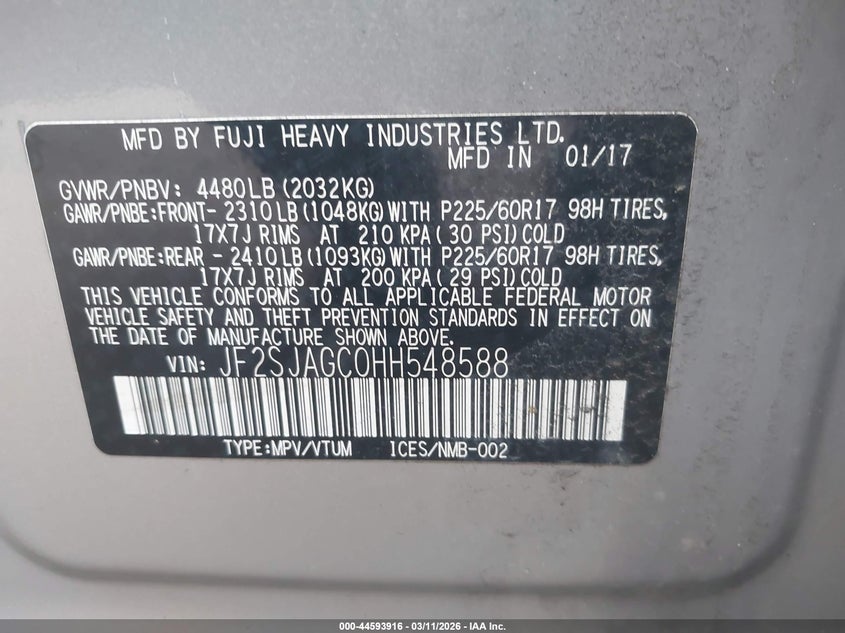 2017 Subaru Forester VIN JF2SJAGC0HH548588 IAAI salvage auction — ROLLOVER, Salvage Title, sold $125 on 2026-07-12 (photo 9)