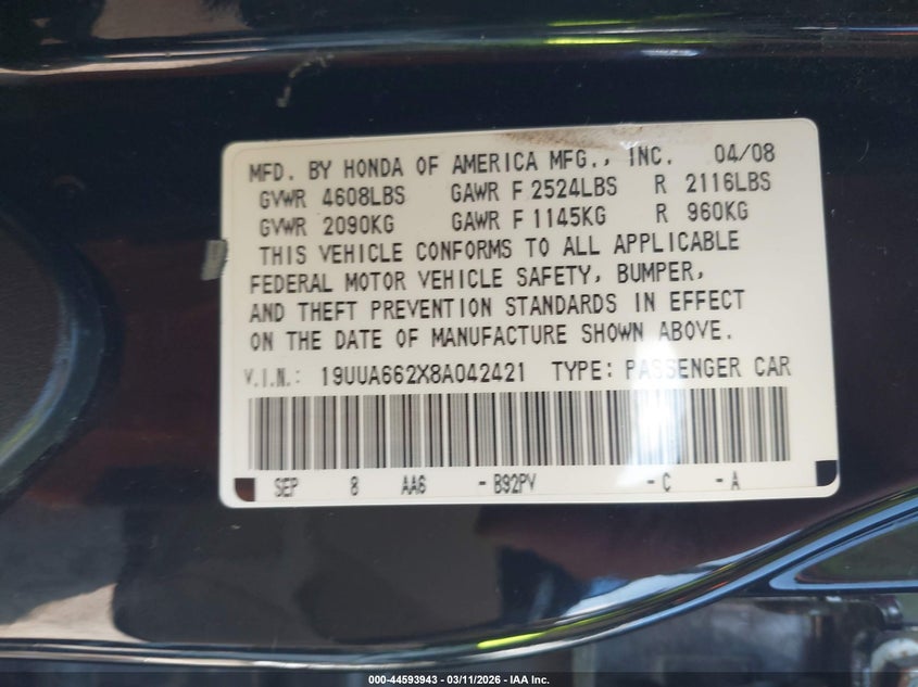 2008 Acura Tl VIN 19UUA662X8A042421 IAAI salvage auction — REAR END, Salvage (Kansas), sold $725 on 2026-07-09 (photo 9)
