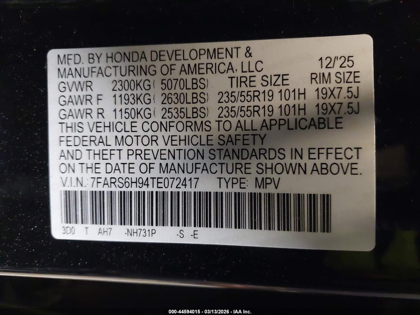 2026 Honda Cr-v VIN 7FARS6H94TE072417 IAAI salvage auction — FRONT & REAR, Salvage Title, sold $5,100 on 2026-07-28 (photo 9)