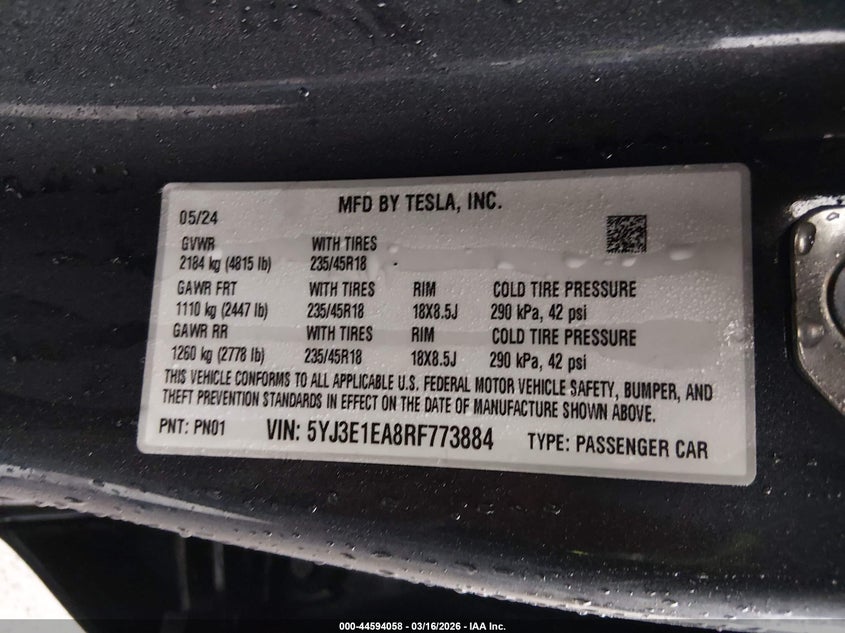 2024 Tesla Model 3 VIN 5YJ3E1EA8RF773884 IAAI salvage auction — FRONT END, Salvage Title, sold $10,400 on 2026-07-23 (photo 9)