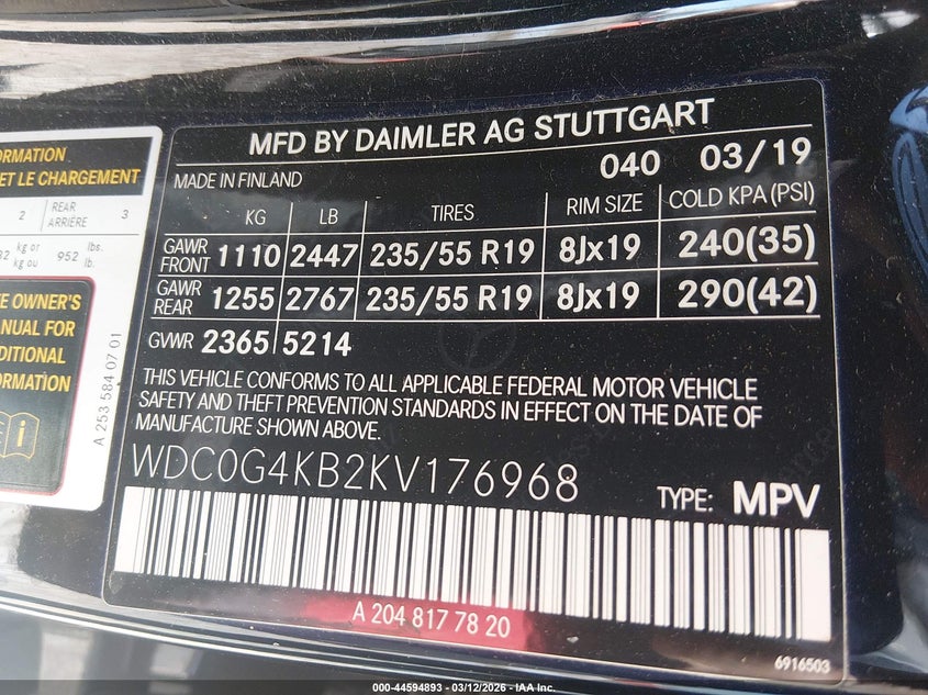 2019 Mercedes-benz Glc VIN WDC0G4KB2KV176968 IAAI salvage auction — FRONT END, Salvage Title, sold $3,150 on 2026-07-31 (photo 9)