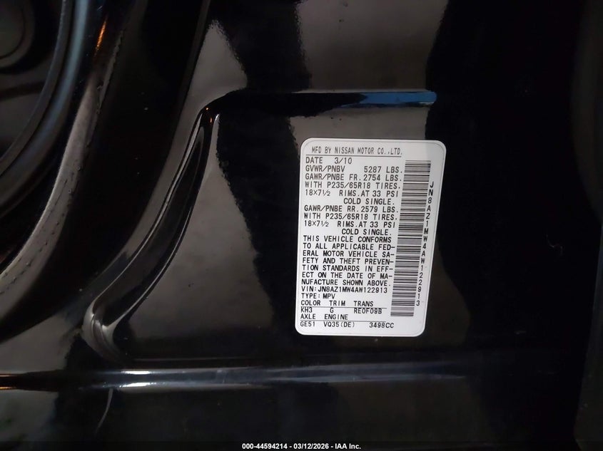 2010 Nissan Murano VIN JN8AZ1MW4AW122913 IAAI salvage auction — REAR END, Salvage (New Jersey), sold $225 on 2026-07-20 (photo 9)
