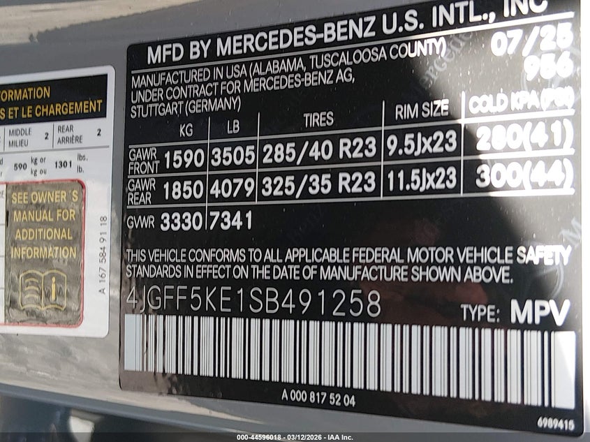 2025 Mercedes-benz Gls-klasse VIN 4JGFF5KE1SB491258 IAAI salvage auction — REAR END, Clear (Oklahoma), sold $37,250 on 2026-07-21 (photo 9)