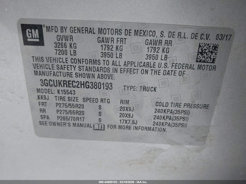 2017 Chevrolet Silverado 1500 VIN 3GCUKREC2HG380193 IAAI salvage auction — HAIL, Original (Texas), sold $8,450 on 2026-08-19 (photo 9)
