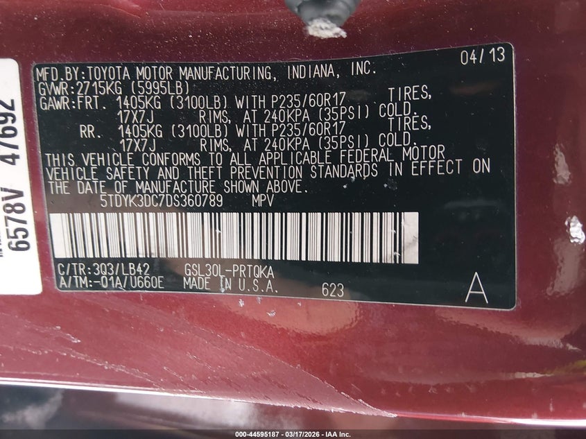 2013 Toyota Sienna VIN 5TDYK3DC7DS360789 IAAI salvage auction — FRONT END, Salvage Title, sold $1,700 on 2026-07-30 (photo 9)