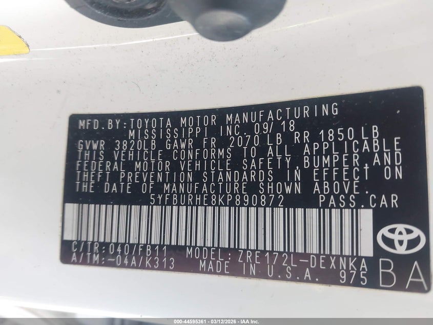 2019 Toyota Corolla VIN 5YFBURHE8KP890872 IAAI salvage auction — ROLLOVER, Salvage Title, sold $1,700 on 2026-08-01 (photo 9)