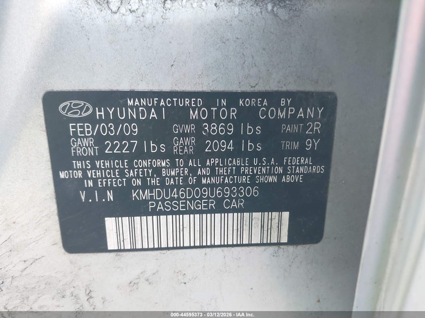 2009 Hyundai Elantra VIN KMHDU46D09U693306 IAAI salvage auction — FRONT END, Clear (Arkansas), sold $575 on 2026-07-30 (photo 9)