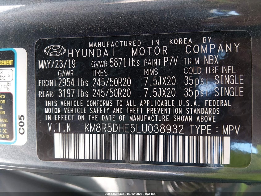 2020 Hyundai Palisade VIN KM8R5DHE5LU038932 IAAI salvage auction — FRONT END, Salvage Title, sold $4,800 on 2026-08-01 (photo 9)