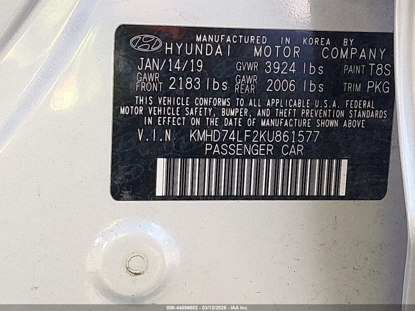 2019 Hyundai Elantra VIN KMHD74LF2KU861577 IAAI salvage auction — THEFT, Salvage (California), sold $325 on 2026-07-09 (photo 9)