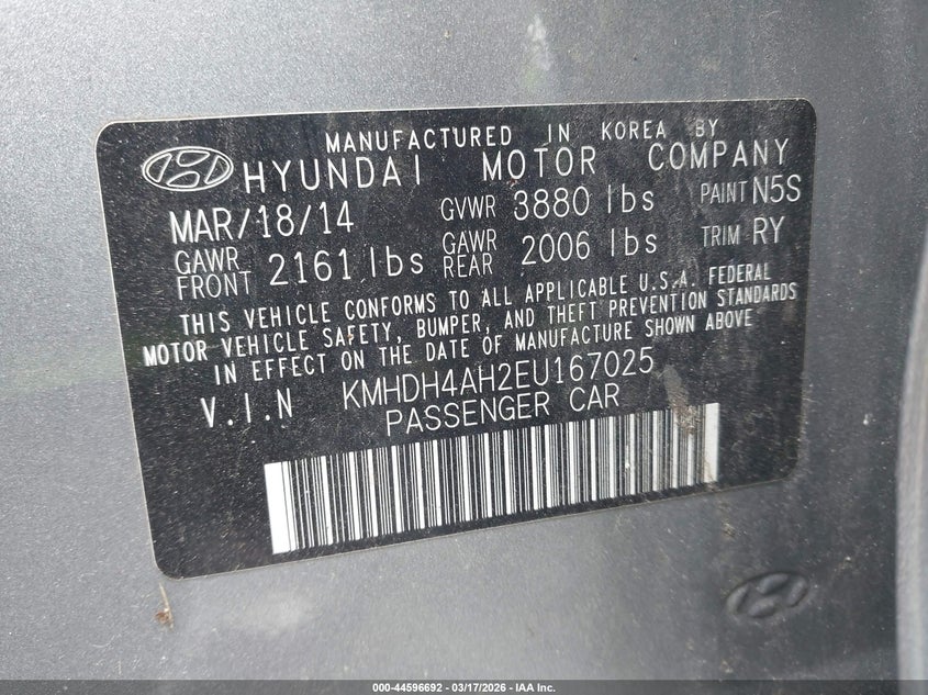 2014 Hyundai Elantra VIN KMHDH4AH2EU167025 IAAI salvage auction — ALL OVER, Clear-Dealer Only (Kentucky), sold $275 on 2026-07-16 (photo 9)