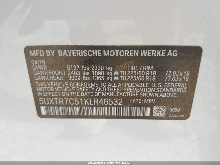 2019 BMW X3 VIN 5UXTR7C51KLR46532 IAAI salvage auction — RIGHT SIDE, Salvage Title, sold $7,200 on 2026-07-19 (photo 9)