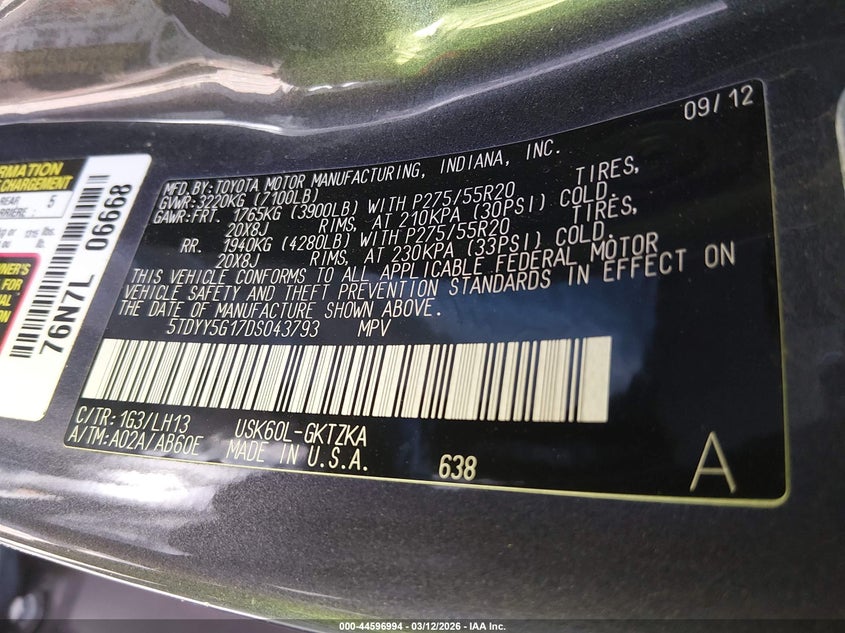 2013 Toyota Sequoia VIN 5TDYY5G17DS043793 IAAI salvage auction — LEFT SIDE, Salvage Title, sold $5,150 on 2026-07-22 (photo 9)