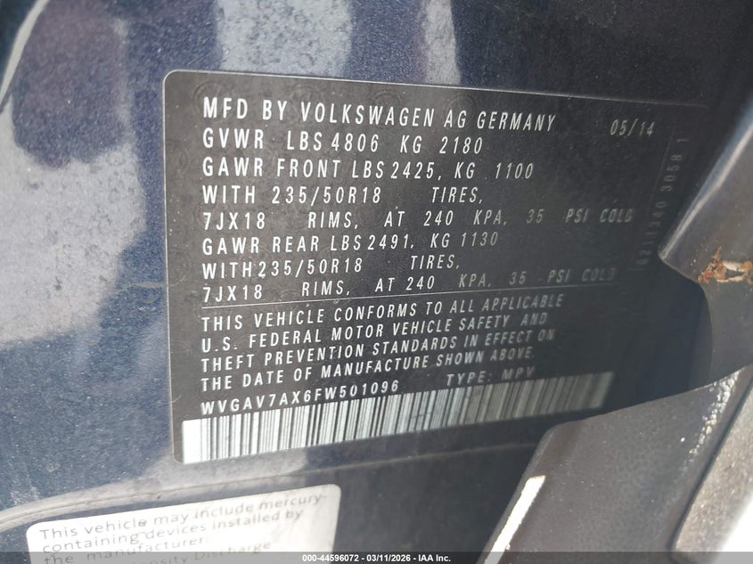 2015 Volkswagen Tiguan VIN WVGAV7AX6FW501096 IAAI salvage auction — FRONT END, Rebuildable (Florida), sold $825 on 2026-07-06 (photo 9)