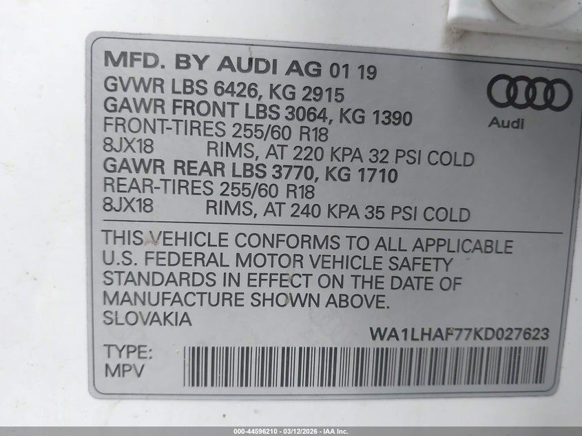 2019 Audi Q7 VIN WA1LHAF77KD027623 IAAI salvage auction — RIGHT FRONT, Salvage Title, sold $7,250 on 2026-07-14 (photo 9)