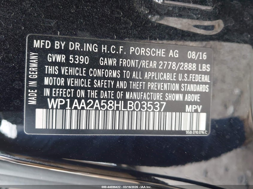 2017 Porsche Macan VIN WP1AA2A58HLB03537 IAAI salvage auction — FRONT & REAR, Salvage Title, sold $4,025 on 2026-07-08 (photo 9)