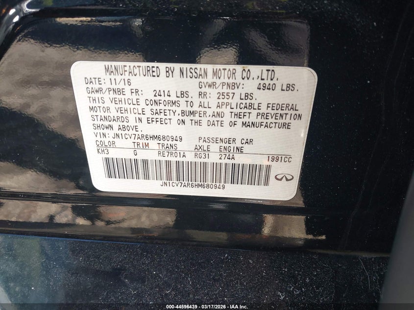 2017 Infiniti Q50 VIN JN1CV7AR6HM680949 IAAI salvage auction — REAR END, Salvage Title, sold $25 on 2026-07-28 (photo 9)