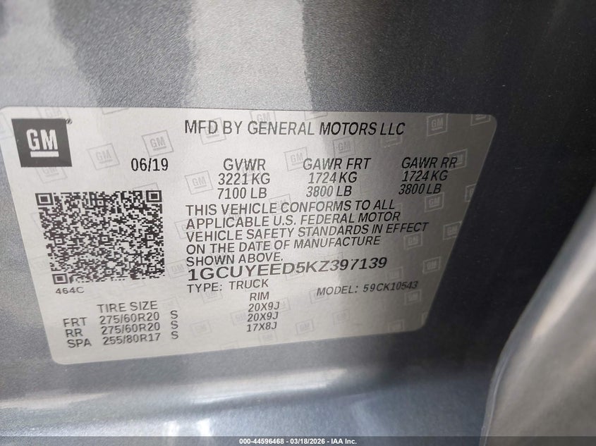 2019 Chevrolet Silverado VIN 1GCUYEED5KZ397139 IAAI salvage auction — FRONT END, Salvage Title, sold $7,400 on 2026-08-03 (photo 9)