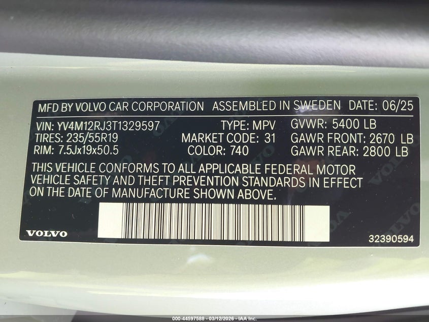 2026 Volvo Xc60 VIN YV4M12RJ3T1329597 IAAI salvage auction — RIGHT SIDE, Salvage Title, sold $375 on 2026-07-29 (photo 9)