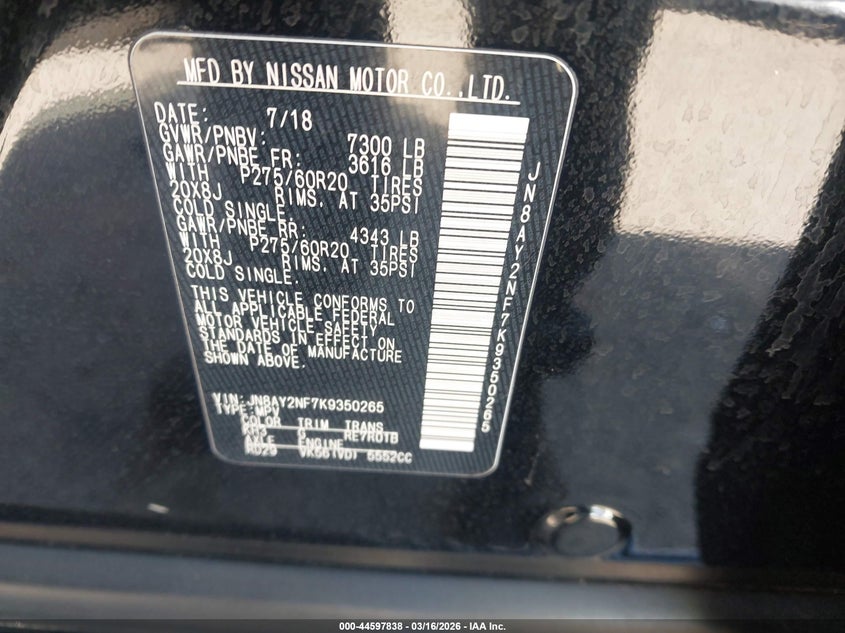 2019 Nissan Armada VIN JN8AY2NF7K9350265 IAAI salvage auction — FRONT END, Salvage (Mississippi), sold $5,650 on 2026-07-07 (photo 9)