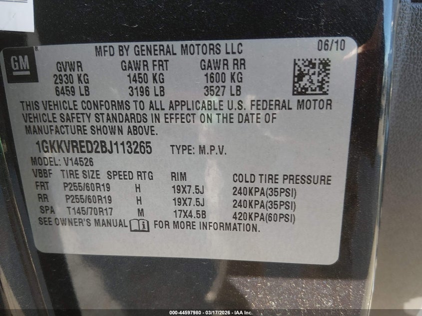 2011 Gmc Acadia VIN 1GKKVRED2BJ113265 IAAI salvage auction — FRONT END, Salvage (Kansas), sold $625 on 2026-07-10 (photo 9)